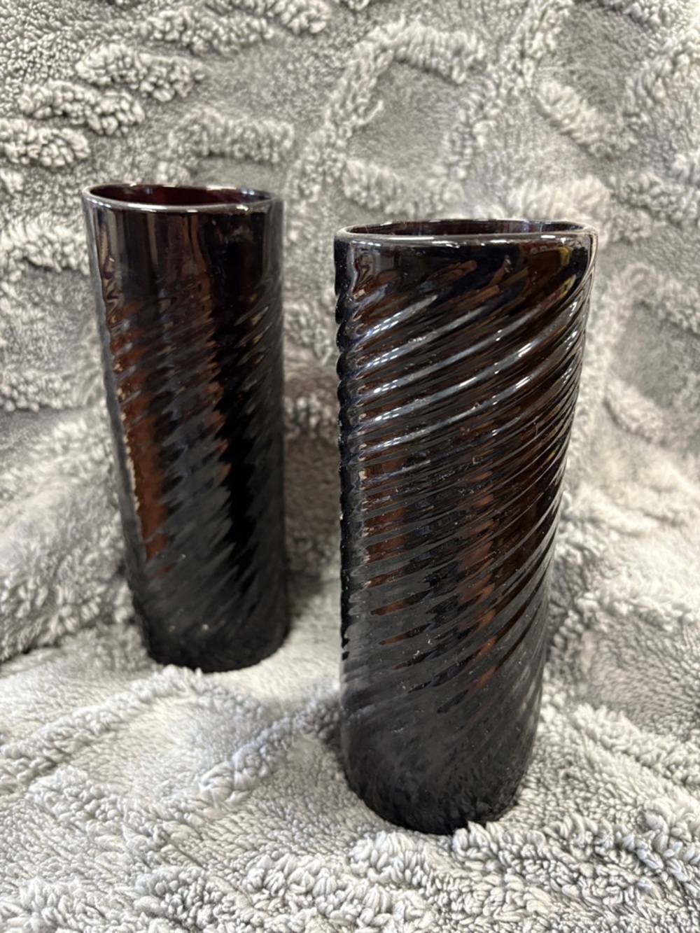 Elegant Black Amethyst Ribbed Glass Vase — Pair